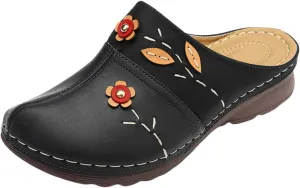 Flowers Clogs Shoes for Women Summer Leather Comfortable Slippers Casual Slip on Wide Fit Mules Lightweight Closed Toe Open Back Loafers with Arch Support