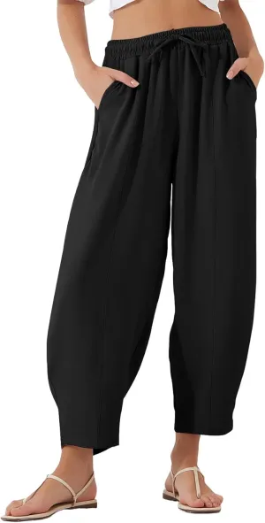 Flygo Women's Wide Leg Baggy Pants Casual Elastic High Waisted Palazzo Harem Slacks Ankle Length Loose Trousers with Pockets