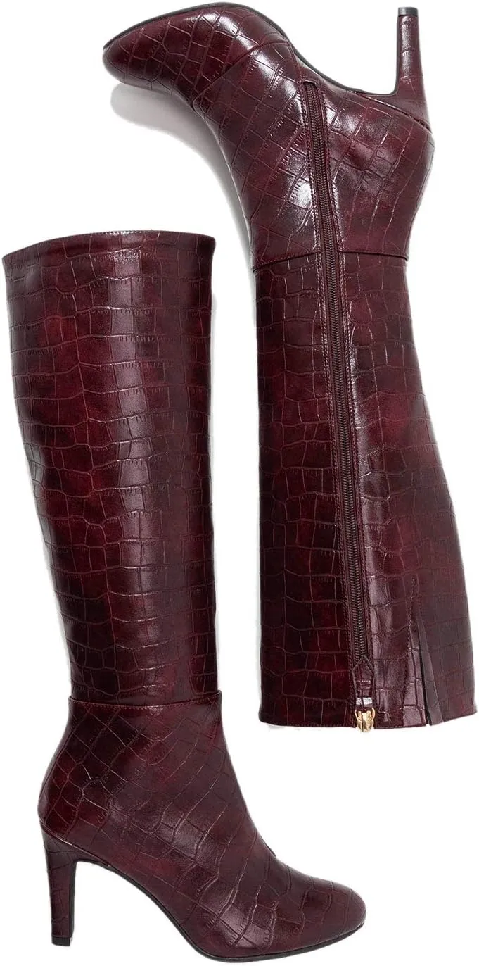FOWT Women Croc-Embossed Mid Calf Boots Round Toe High Stiletto Heel Long Boots Sexy Side Zipper Unisex Warm Shoes for Office Outdoor Party 4-16 US Size