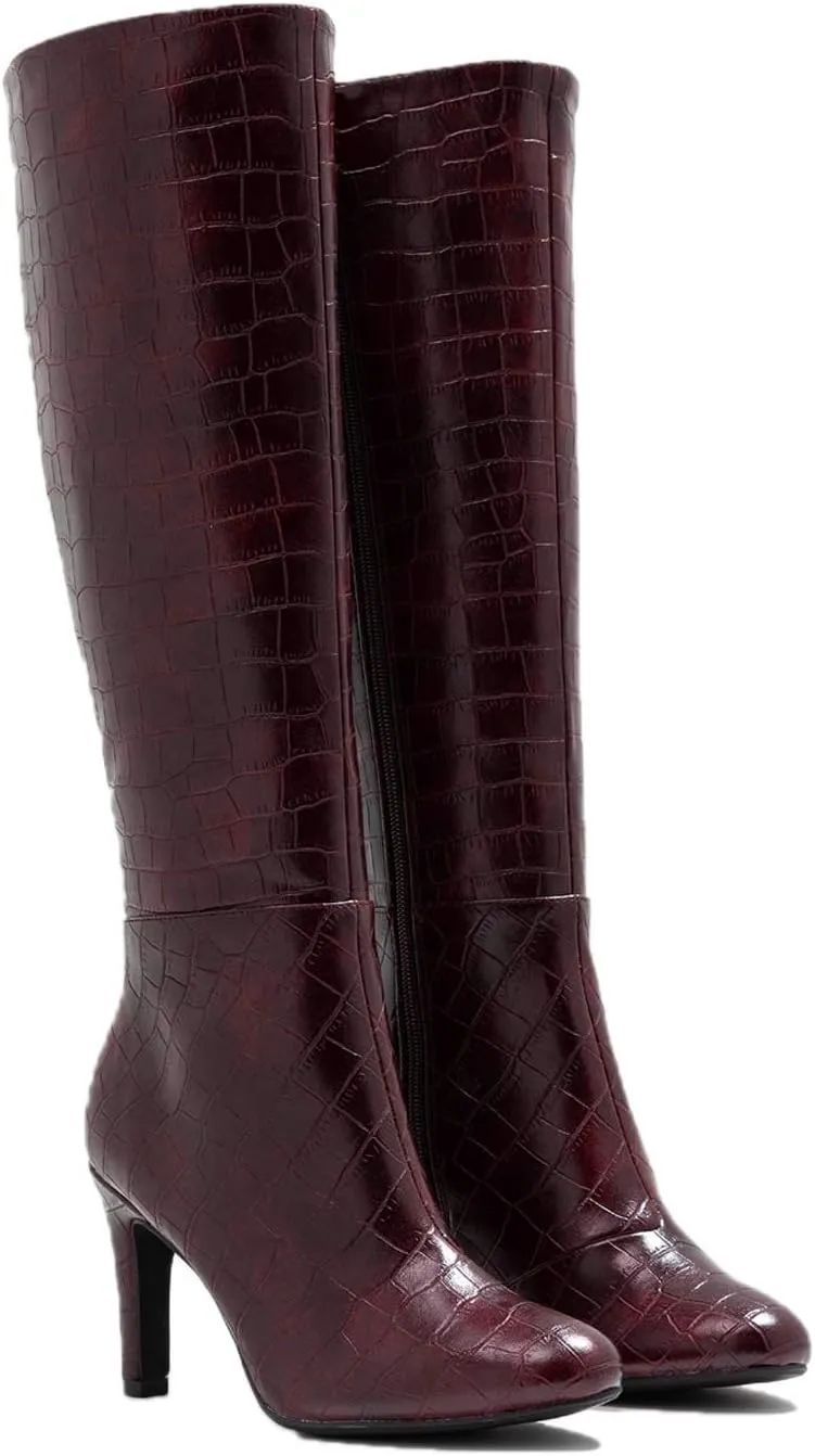 FOWT Women Croc-Embossed Mid Calf Boots Round Toe High Stiletto Heel Long Boots Sexy Side Zipper Unisex Warm Shoes for Office Outdoor Party 4-16 US Size