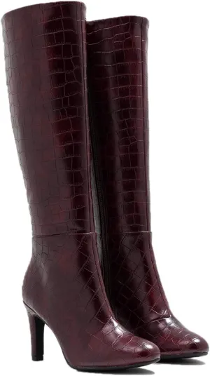 FOWT Women Croc-Embossed Mid Calf Boots Round Toe High Stiletto Heel Long Boots Sexy Side Zipper Unisex Warm Shoes for Office Outdoor Party 4-16 US Size