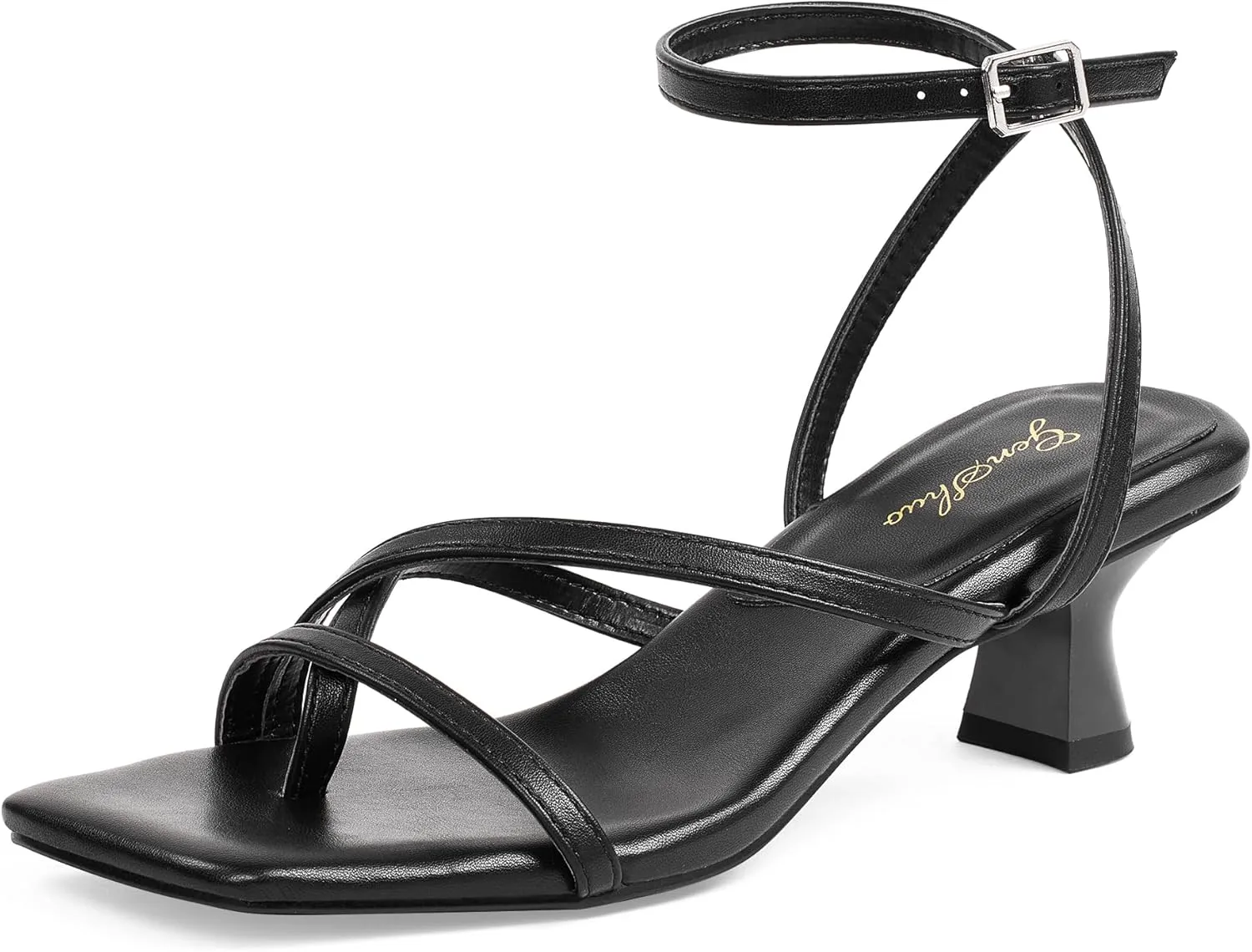 GENSHUO Women's Low Strappy Heels Sandals Open Square Toe Thong Dress Heels Comfortable Sexy Cute Ankle Strap Wedding Party Prom Summer Shoes