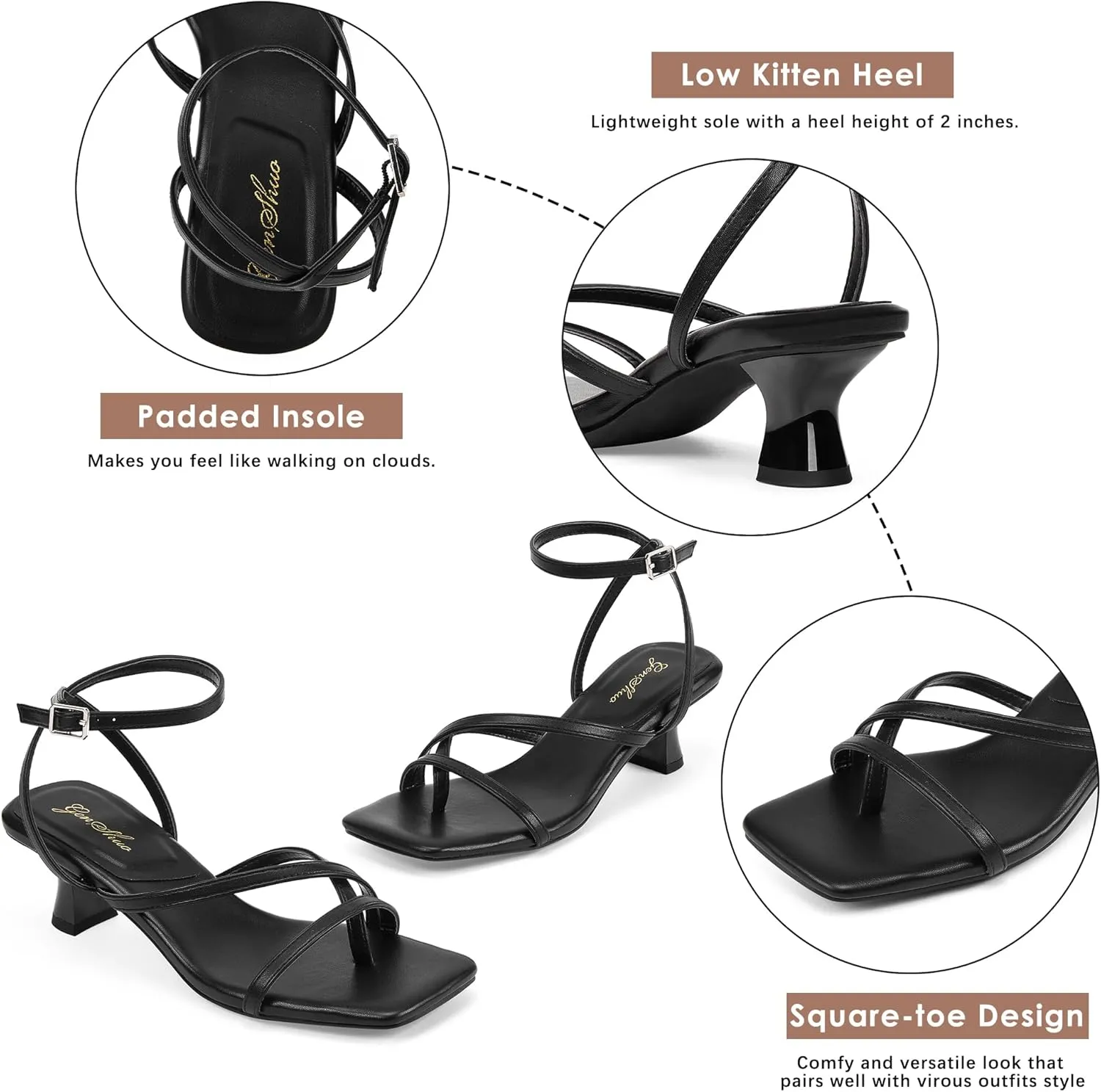 GENSHUO Women's Low Strappy Heels Sandals Open Square Toe Thong Dress Heels Comfortable Sexy Cute Ankle Strap Wedding Party Prom Summer Shoes