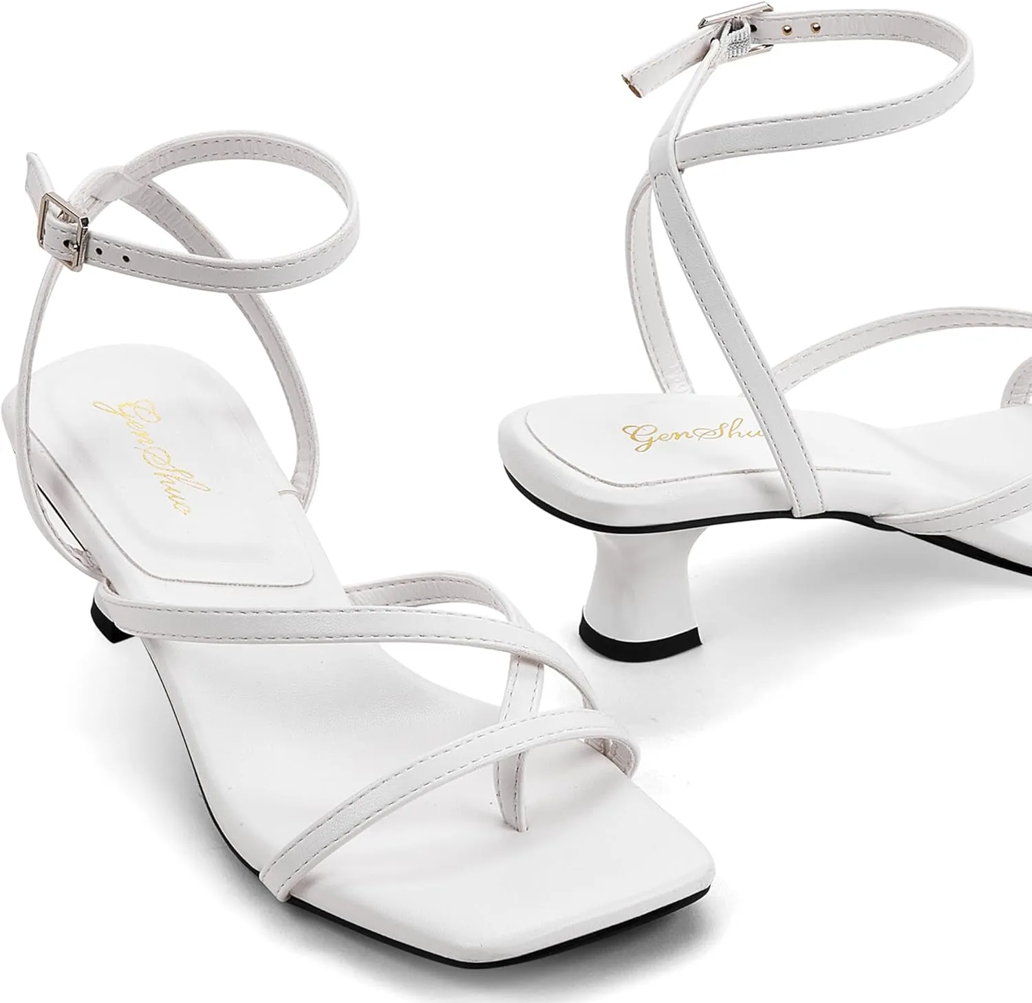 GENSHUO Women's Low Strappy Heels Sandals Open Square Toe Thong Dress Heels Comfortable Sexy Cute Ankle Strap Wedding Party Prom Summer Shoes