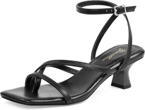 GENSHUO Women's Low Strappy Heels Sandals Open Square Toe Thong Dress Heels Comfortable Sexy Cute Ankle Strap Wedding Party Prom Summer Shoes