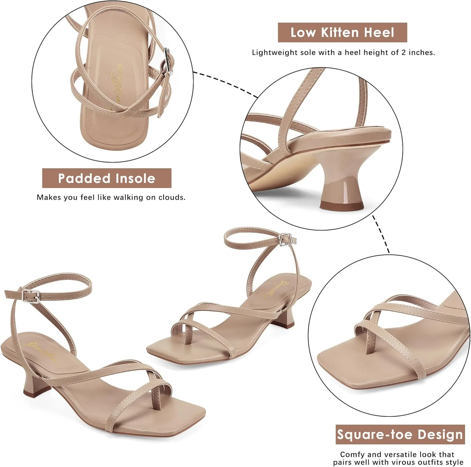 GENSHUO Women's Low Strappy Heels Sandals Open Square Toe Thong Dress Heels Comfortable Sexy Cute Ankle Strap Wedding Party Prom Summer Shoes
