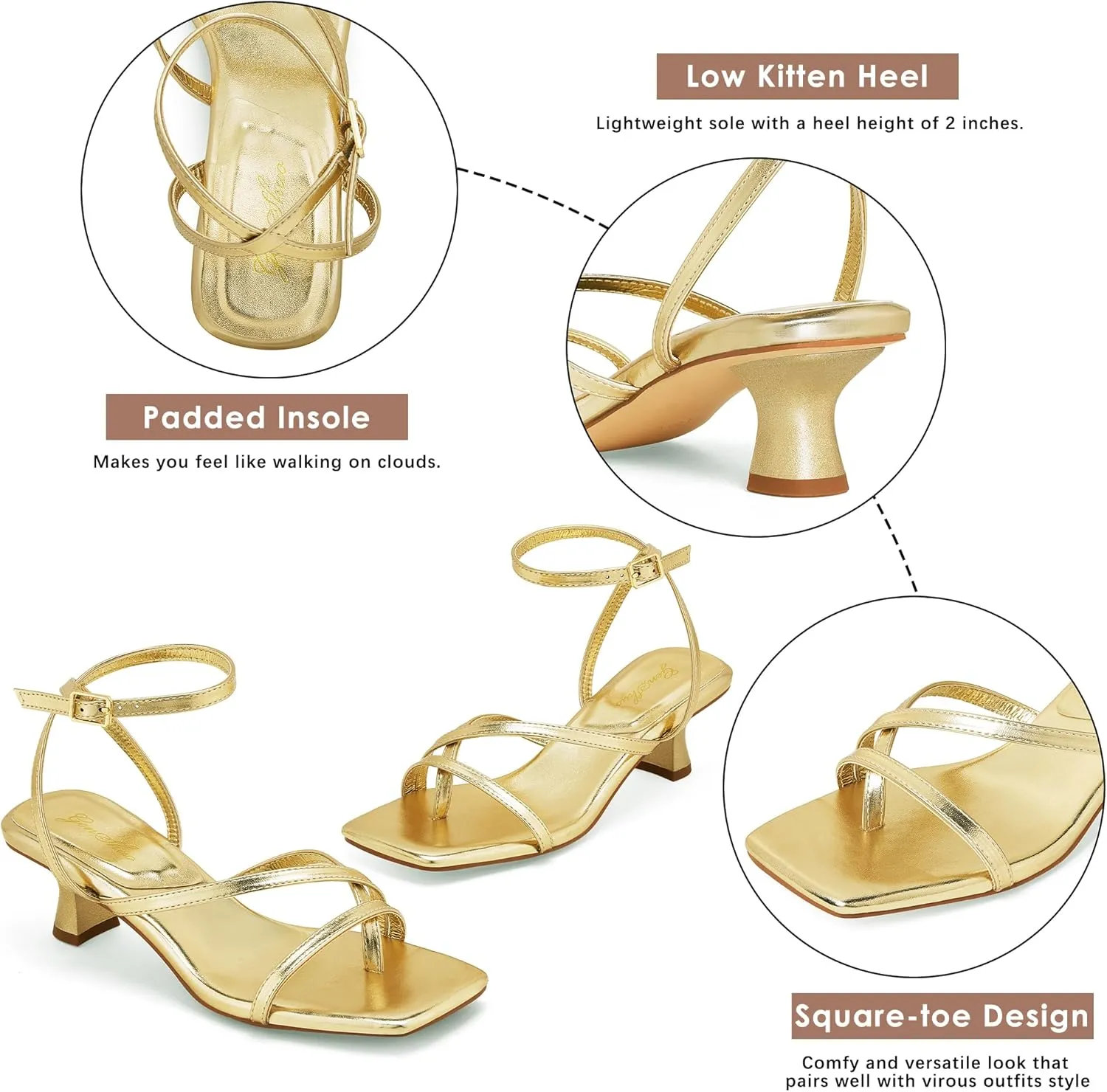GENSHUO Women's Low Strappy Heels Sandals Open Square Toe Thong Dress Heels Comfortable Sexy Cute Ankle Strap Wedding Party Prom Summer Shoes