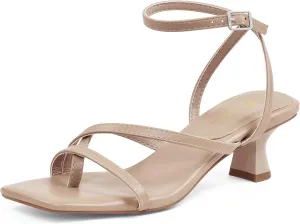 GENSHUO Women's Low Strappy Heels Sandals Open Square Toe Thong Dress Heels Comfortable Sexy Cute Ankle Strap Wedding Party Prom Summer Shoes