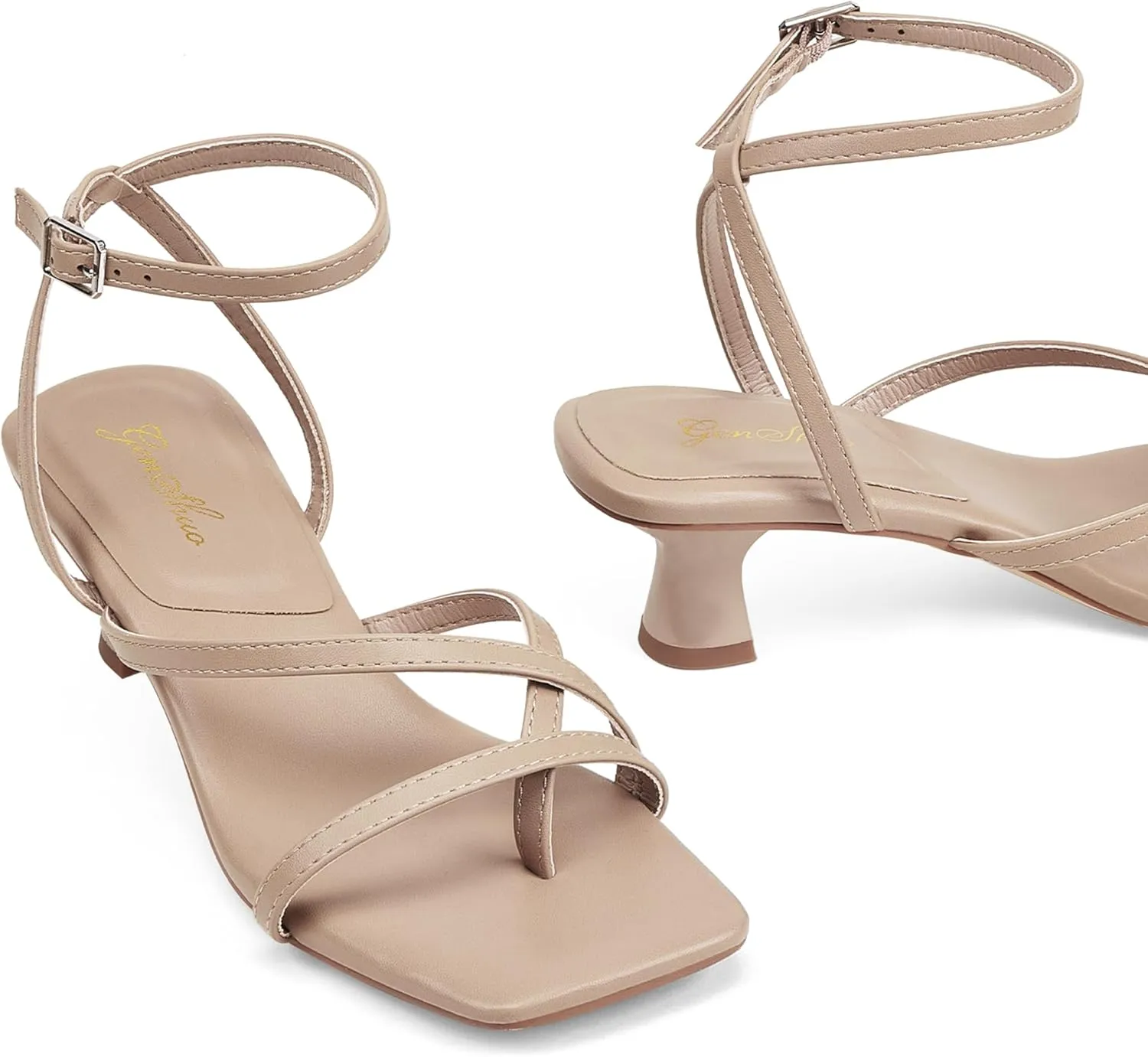 GENSHUO Women's Low Strappy Heels Sandals Open Square Toe Thong Dress Heels Comfortable Sexy Cute Ankle Strap Wedding Party Prom Summer Shoes