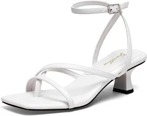 GENSHUO Women's Low Strappy Heels Sandals Open Square Toe Thong Dress Heels Comfortable Sexy Cute Ankle Strap Wedding Party Prom Summer Shoes