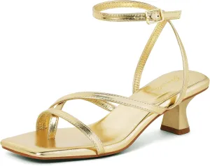 GENSHUO Women's Low Strappy Heels Sandals Open Square Toe Thong Dress Heels Comfortable Sexy Cute Ankle Strap Wedding Party Prom Summer Shoes