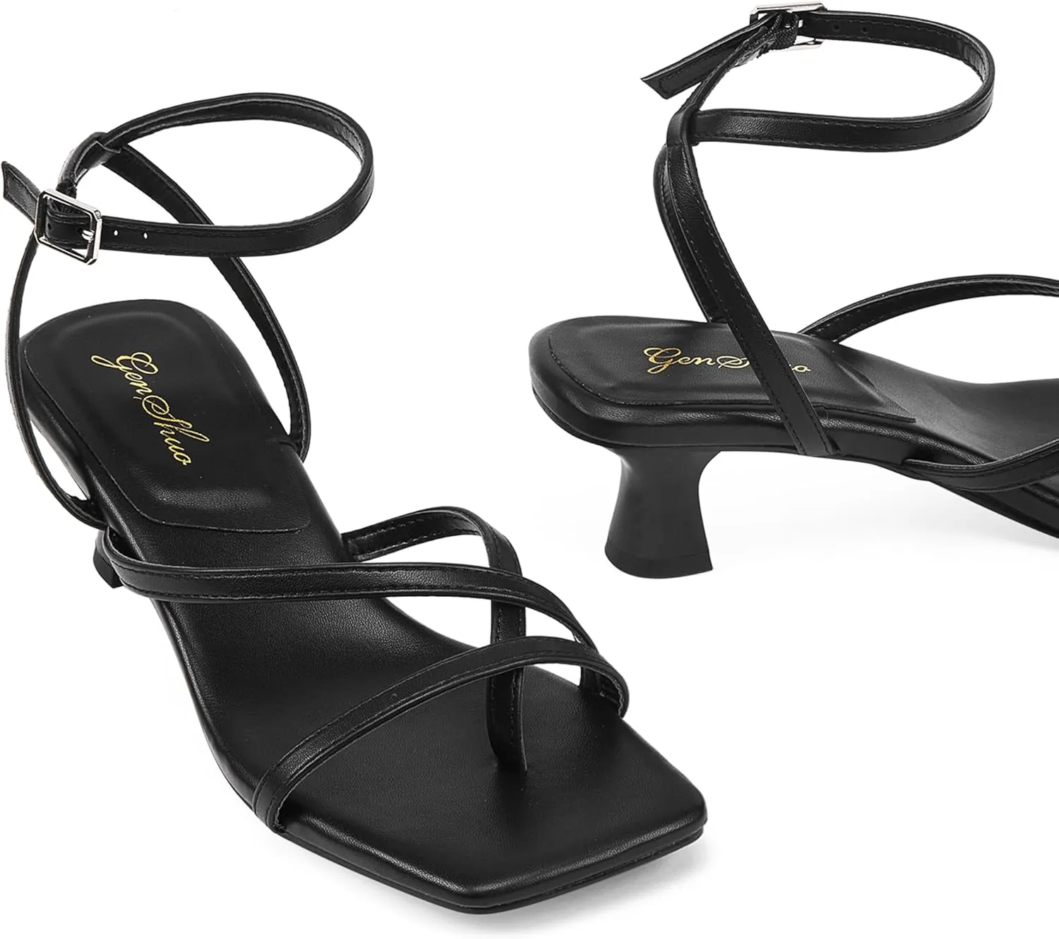 GENSHUO Women's Low Strappy Heels Sandals Open Square Toe Thong Dress Heels Comfortable Sexy Cute Ankle Strap Wedding Party Prom Summer Shoes