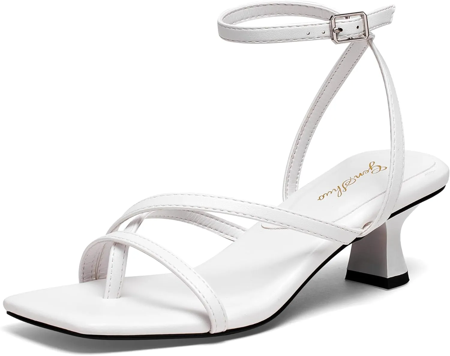 GENSHUO Women's Low Strappy Heels Sandals Open Square Toe Thong Dress Heels Comfortable Sexy Cute Ankle Strap Wedding Party Prom Summer Shoes