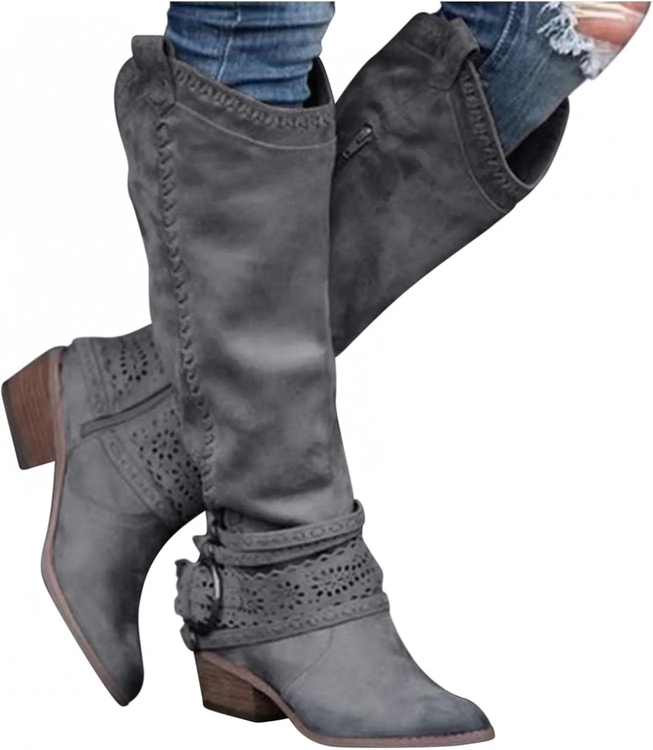 Gibobby Booties for Womens Mid Knee High Boots Chunky Heel Wide Calf Side Zip Fashion Winter Cowboy Booties