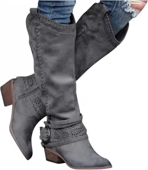 Gibobby Booties for Womens Mid Knee High Boots Chunky Heel Wide Calf Side Zip Fashion Winter Cowboy Booties