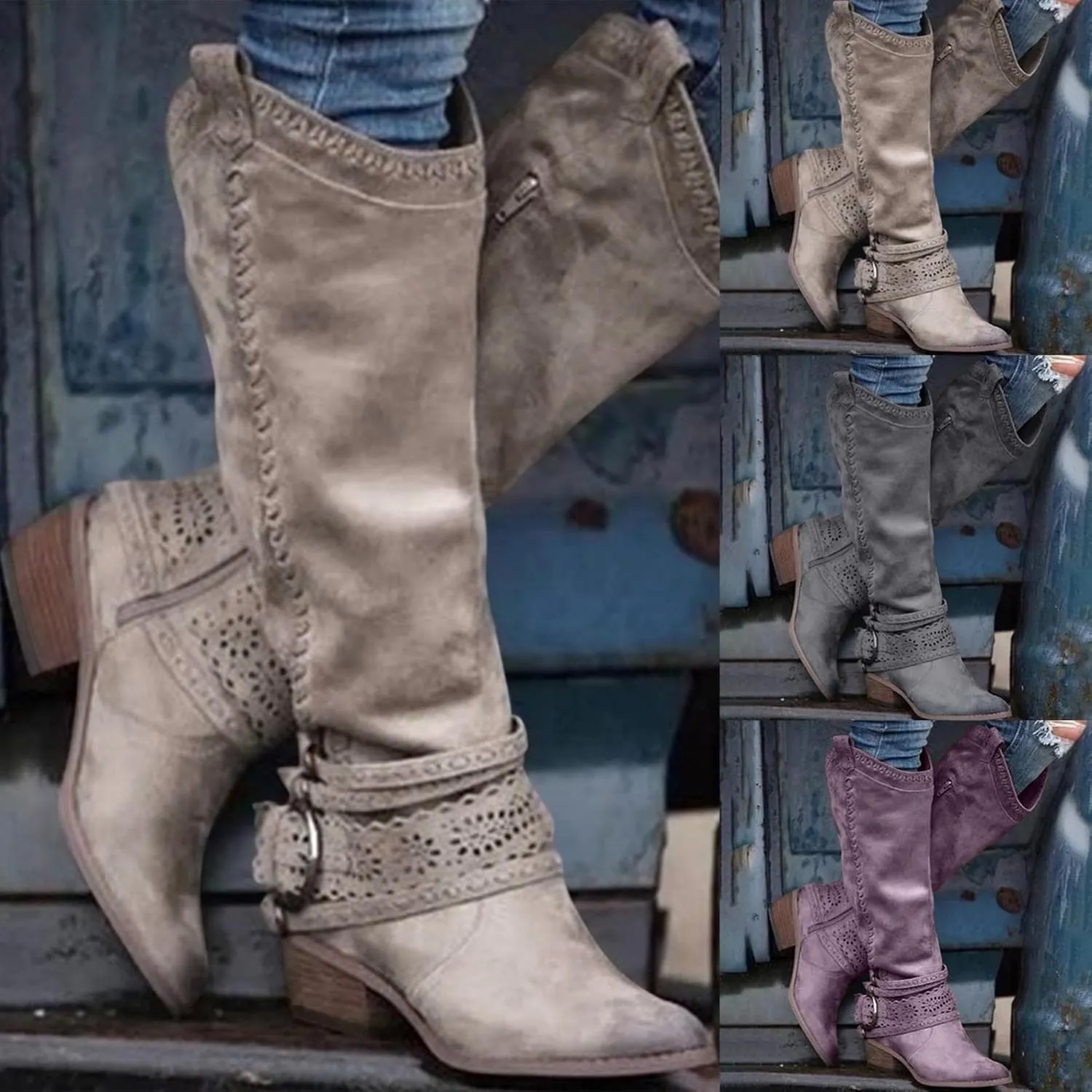 Gibobby Booties for Womens Mid Knee High Boots Chunky Heel Wide Calf Side Zipper Fashion Winter Shoes Cowboy Booties