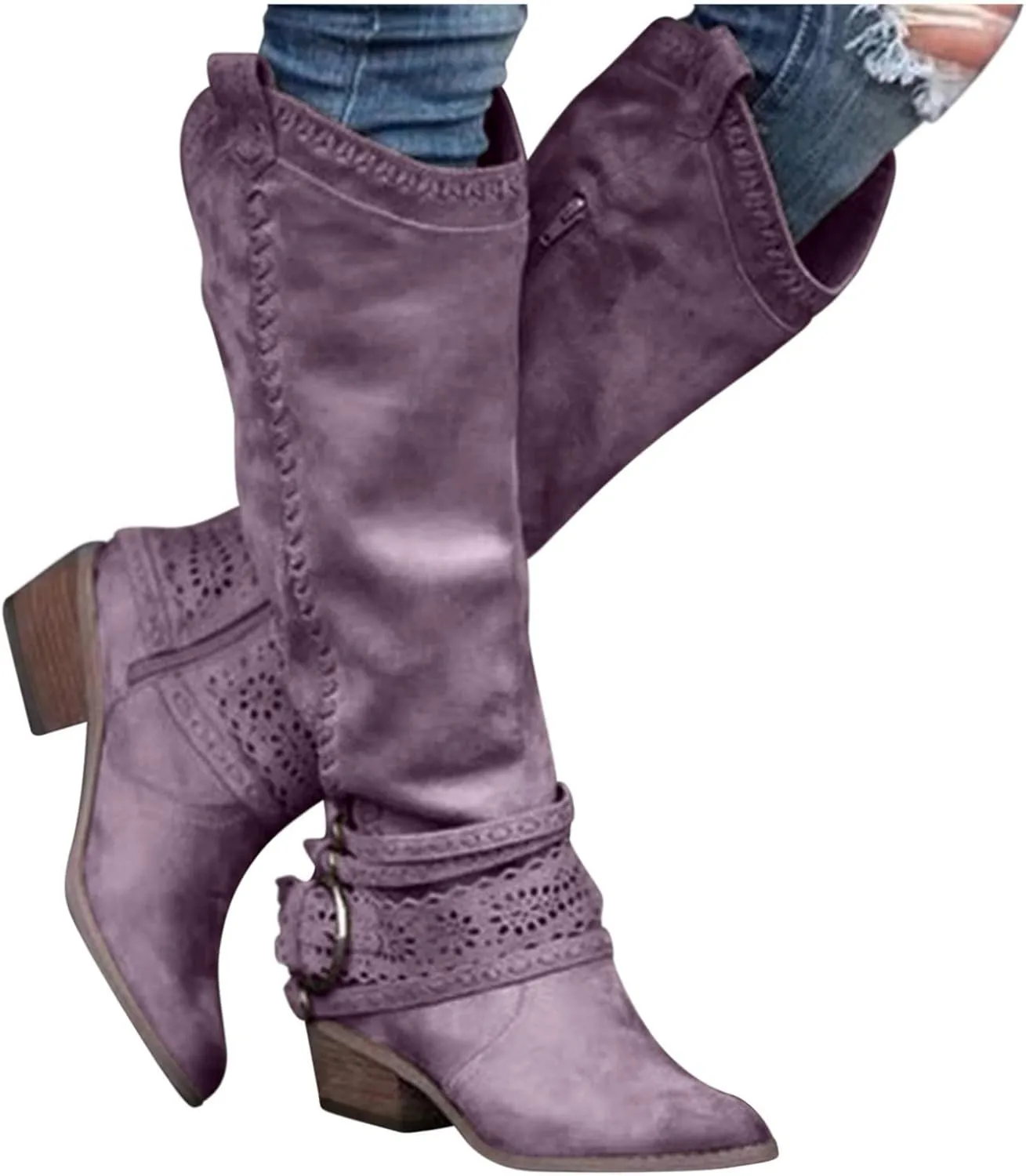 Gibobby Booties for Womens Mid Knee High Boots Chunky Heel Wide Calf Side Zipper Fashion Winter Shoes Cowboy Booties