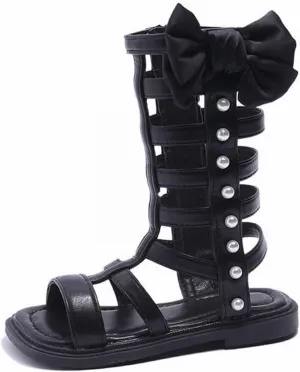 Girls Gladiator Sandals Toddler Kids Cute Big Bowknot Open Toe Side Zipper Summer Trendy Casual Sandal with Pearls