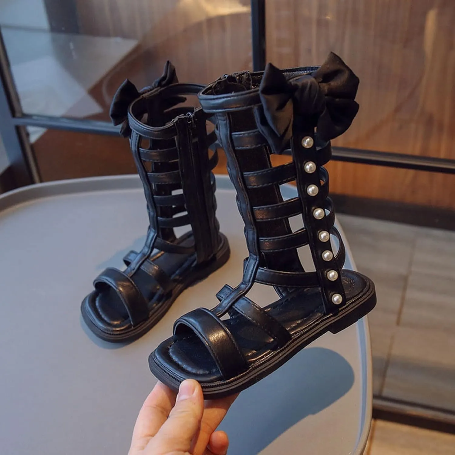Girls Gladiator Sandals Toddler Kids Cute Big Bowknot Open Toe Side Zipper Summer Trendy Casual Sandal with Pearls