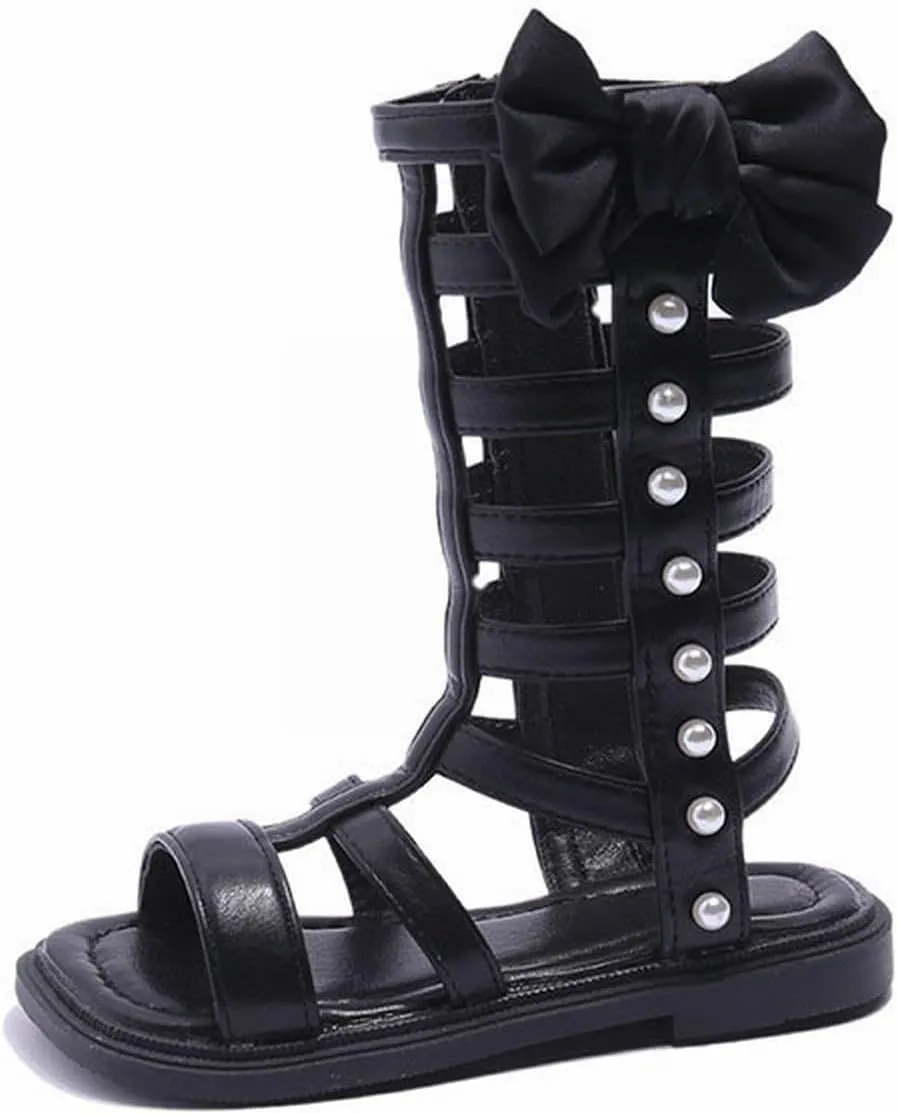 Girls Gladiator Sandals Toddler Kids Cute Big Bowknot Open Toe Side Zipper Summer Trendy Casual Sandal with Pearls