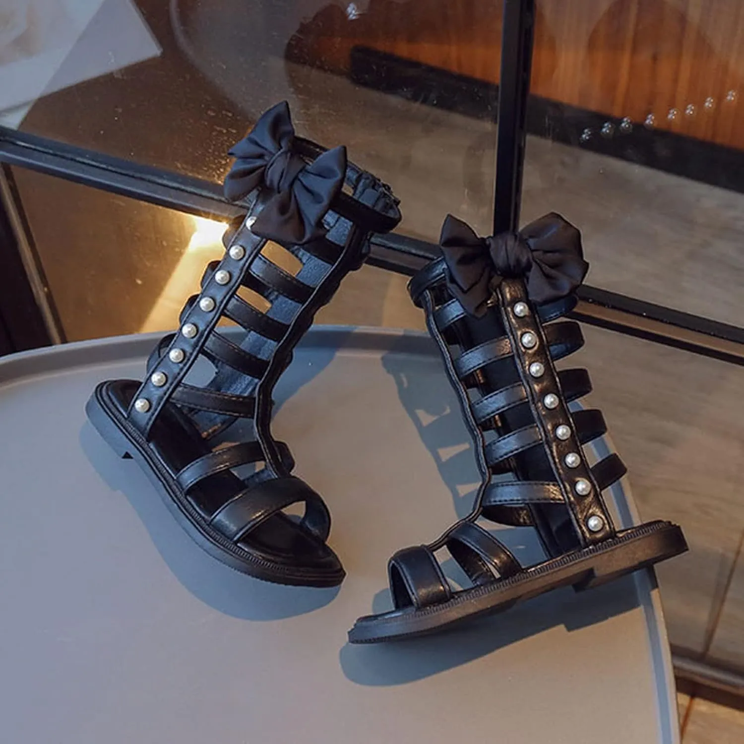Girls Gladiator Sandals Toddler Kids Cute Big Bowknot Open Toe Side Zipper Summer Trendy Casual Sandal with Pearls