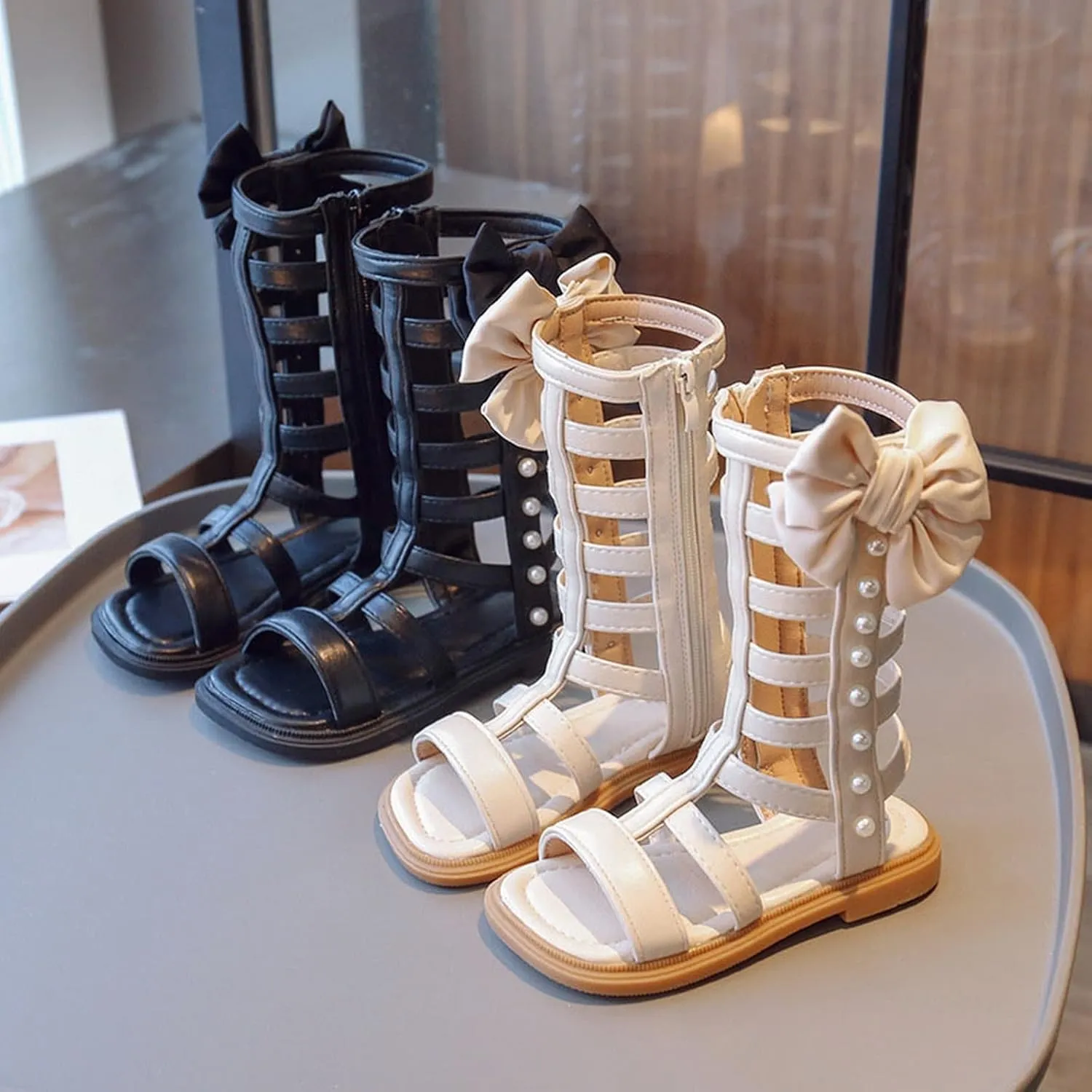 Girls Gladiator Sandals Toddler Kids Cute Big Bowknot Open Toe Side Zipper Summer Trendy Casual Sandal with Pearls