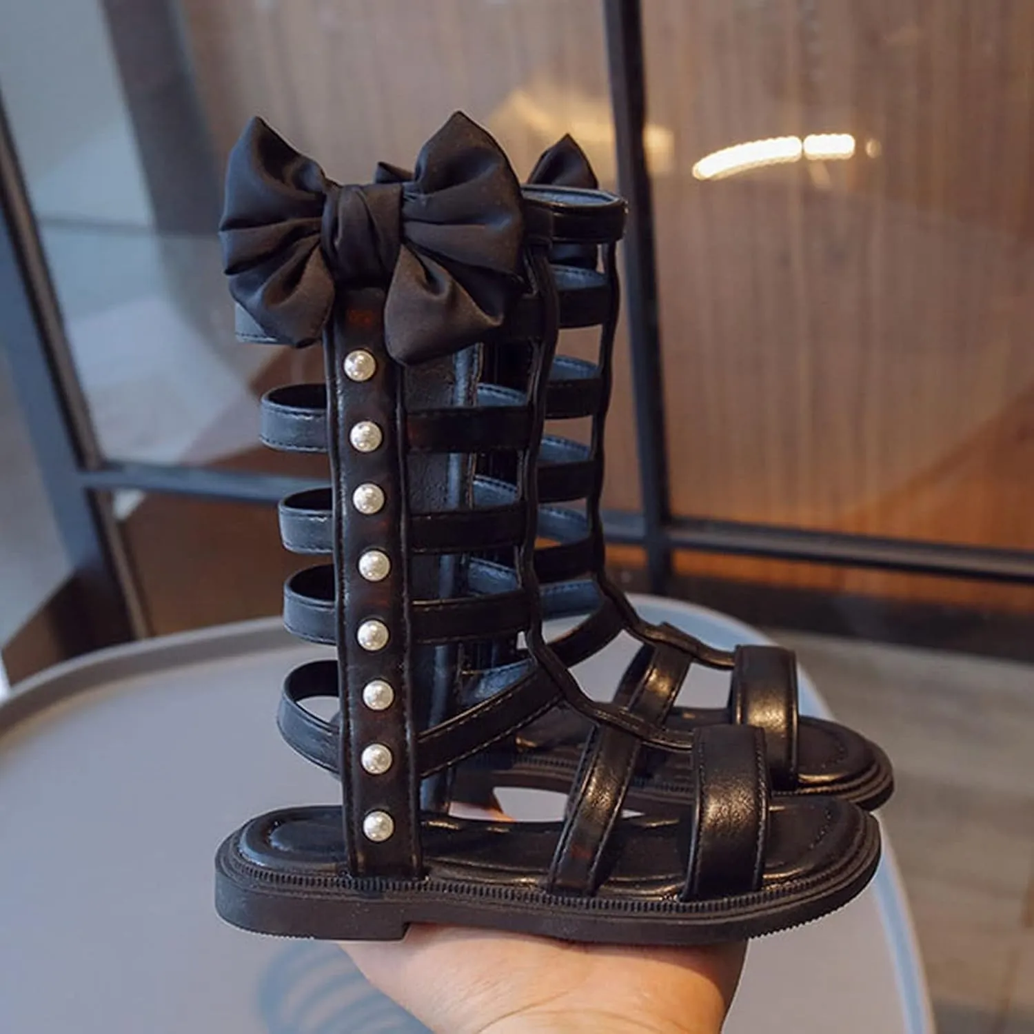 Girls Gladiator Sandals Toddler Kids Cute Big Bowknot Open Toe Side Zipper Summer Trendy Casual Sandal with Pearls