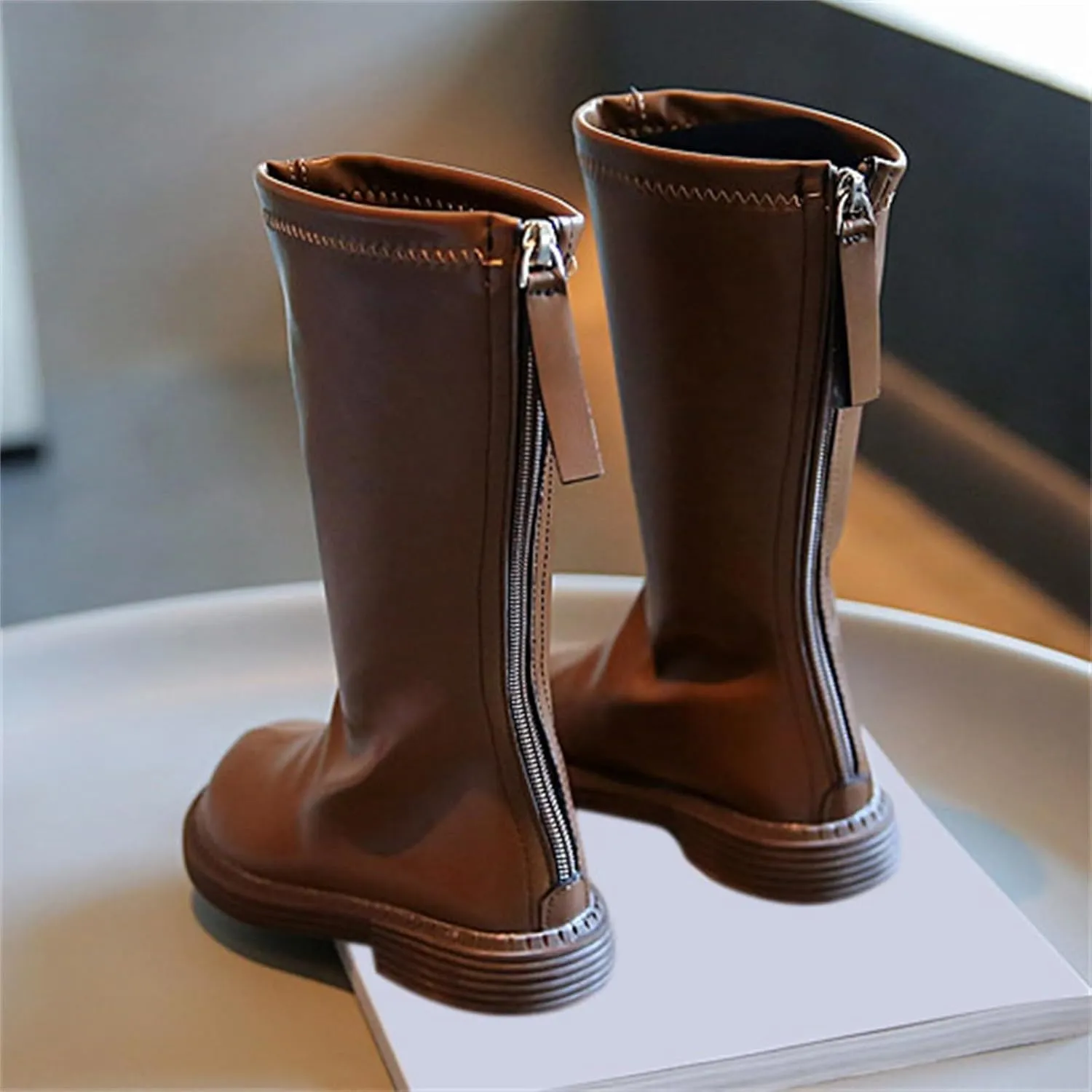 Girls Kids Leather 𝐖aterproof Boots Long Side Zipper Soft 𝗟ow Heel Shoes Childrens Outdoor Non Slip Light Comfy Shoes