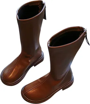Girls Kids Leather 𝐖aterproof Boots Long Side Zipper Soft 𝗟ow Heel Shoes Childrens Outdoor Non Slip Light Comfy Shoes