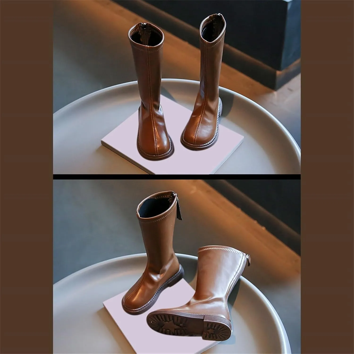 Girls Kids Leather 𝐖aterproof Boots Long Side Zipper Soft 𝗟ow Heel Shoes Childrens Outdoor Non Slip Light Comfy Shoes