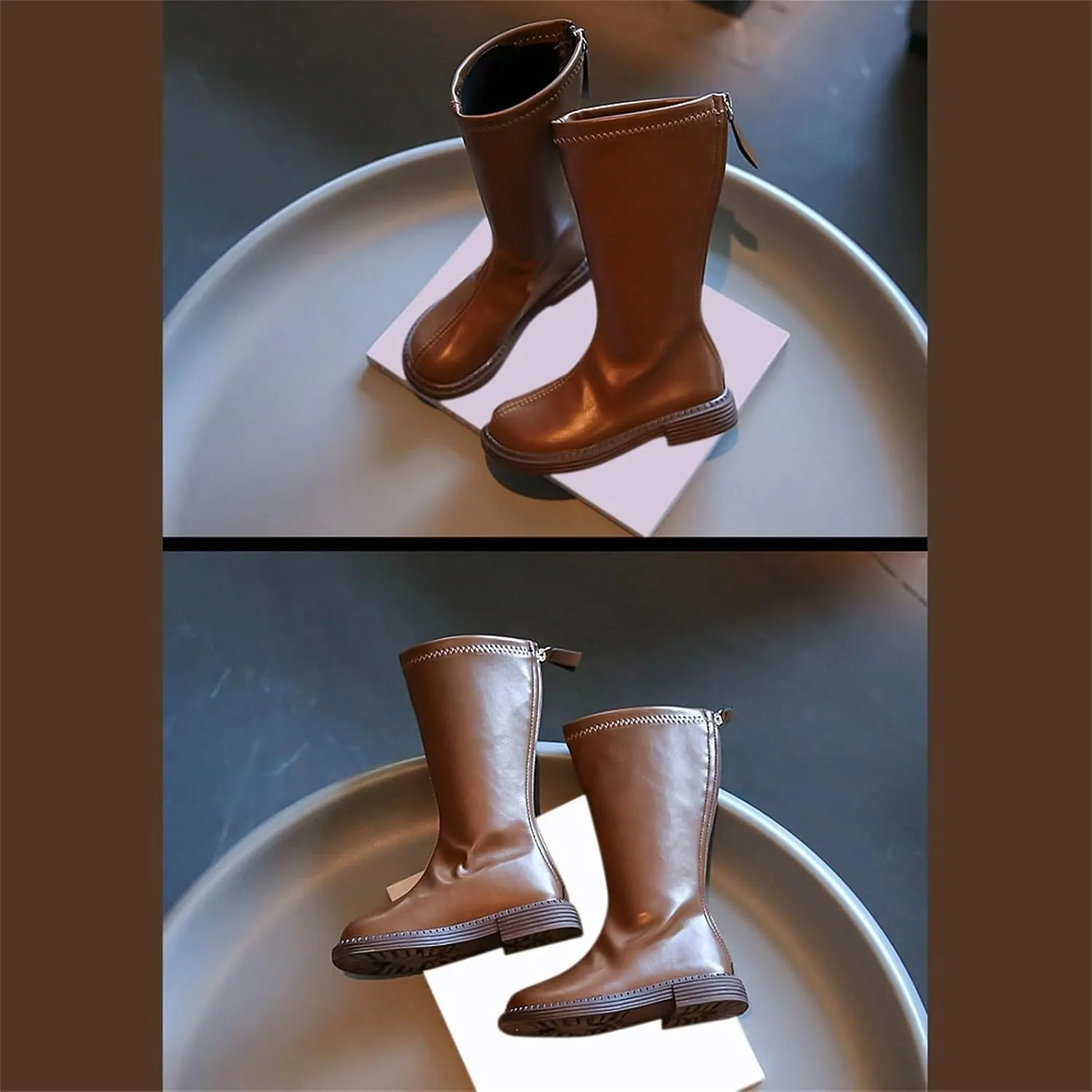 Girls Kids Leather 𝐖aterproof Boots Long Side Zipper Soft 𝗟ow Heel Shoes Childrens Outdoor Non Slip Light Comfy Shoes