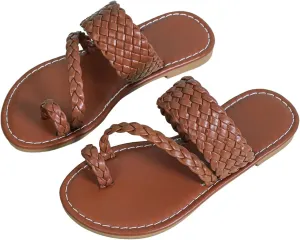 GORGLITTER Girl's Strappy Leather Flats Sandal Cute Braided Dressy Toe Ring Slip on Slide Sandals Brown 6