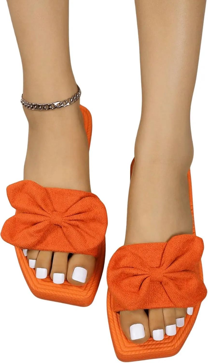 GORGLITTER Women's Bow Flat Sandals Straw Open Toe Dressy Boho Summer Beach Sandals