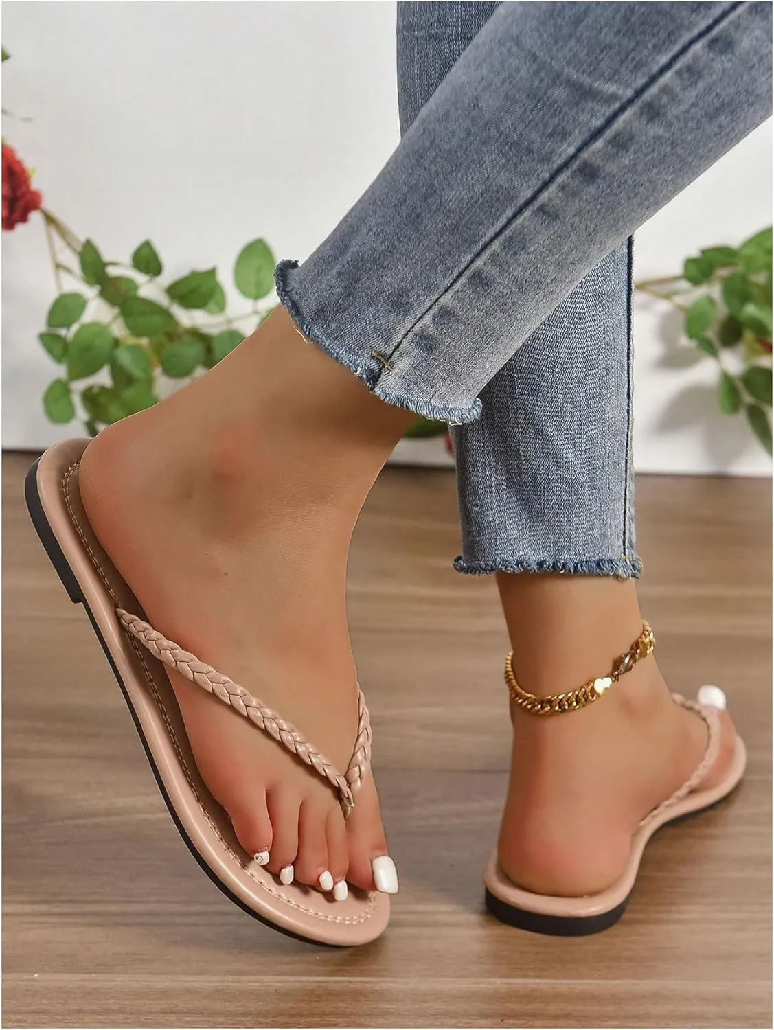 GORGLITTER Women's Braided Flip Flops Dressy Minimalist Thong Flats Sandals Open Toe Vacation Beach Shoes