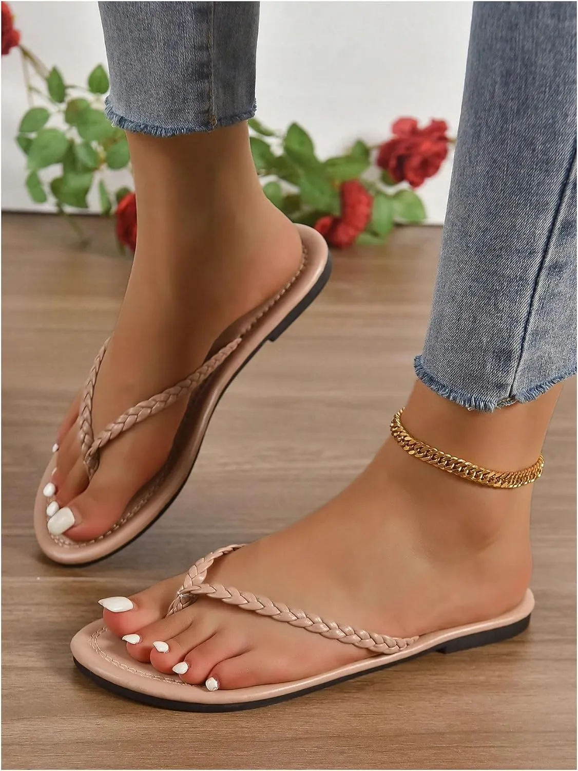 GORGLITTER Women's Braided Flip Flops Dressy Minimalist Thong Flats Sandals Open Toe Vacation Beach Shoes