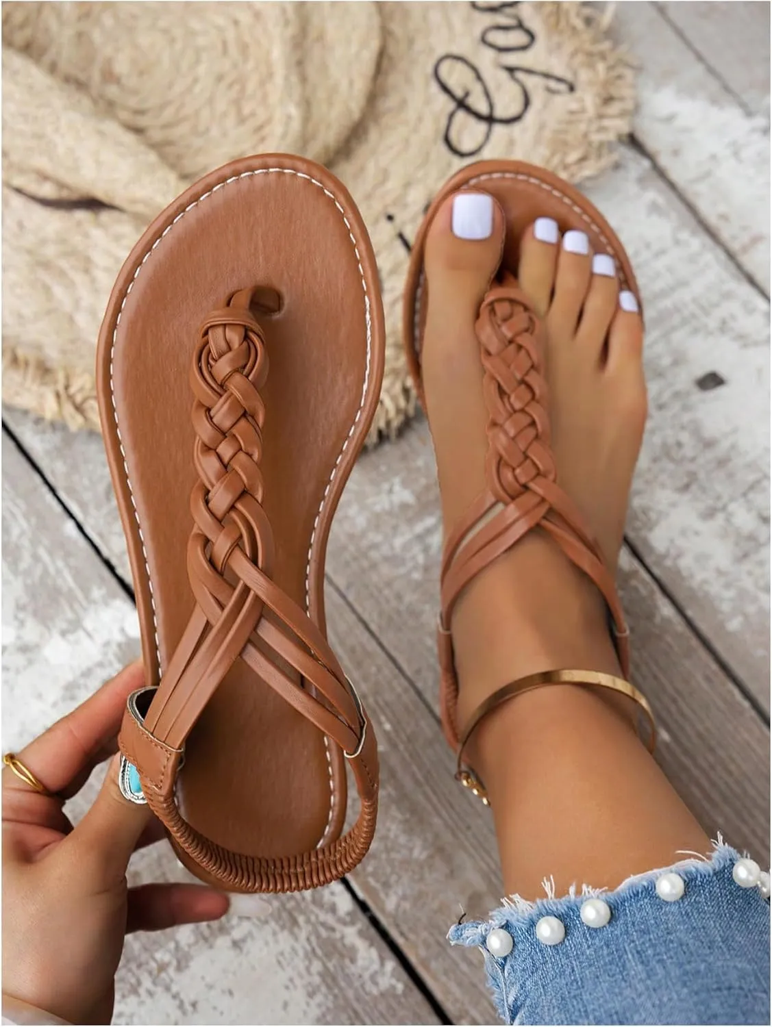 GORGLITTER Women's Braided T Strap Sandals Dressy Summer Ankle Srtap Elastic Beach Thong Sandals