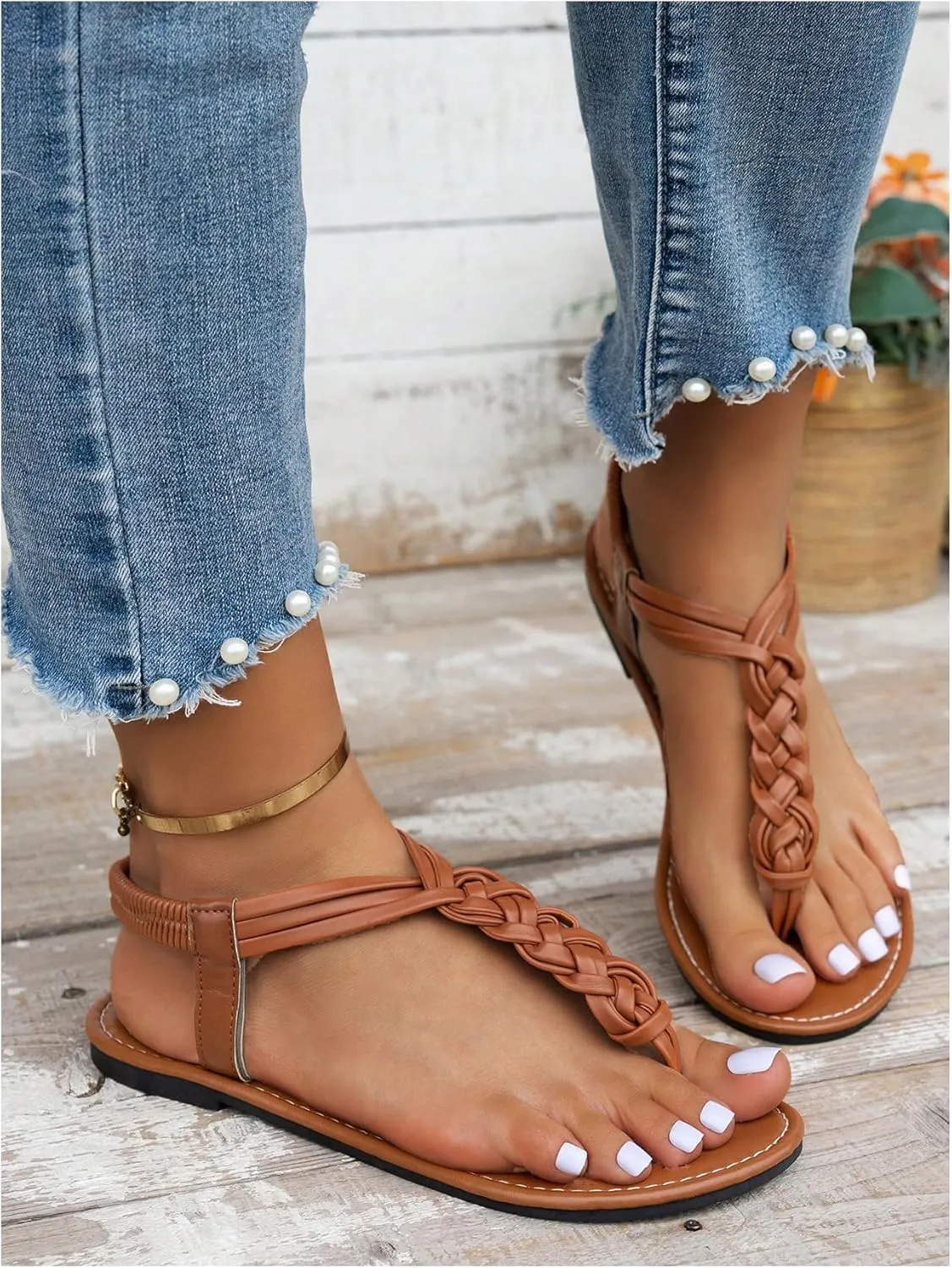 GORGLITTER Women's Braided T Strap Sandals Dressy Summer Ankle Srtap Elastic Beach Thong Sandals