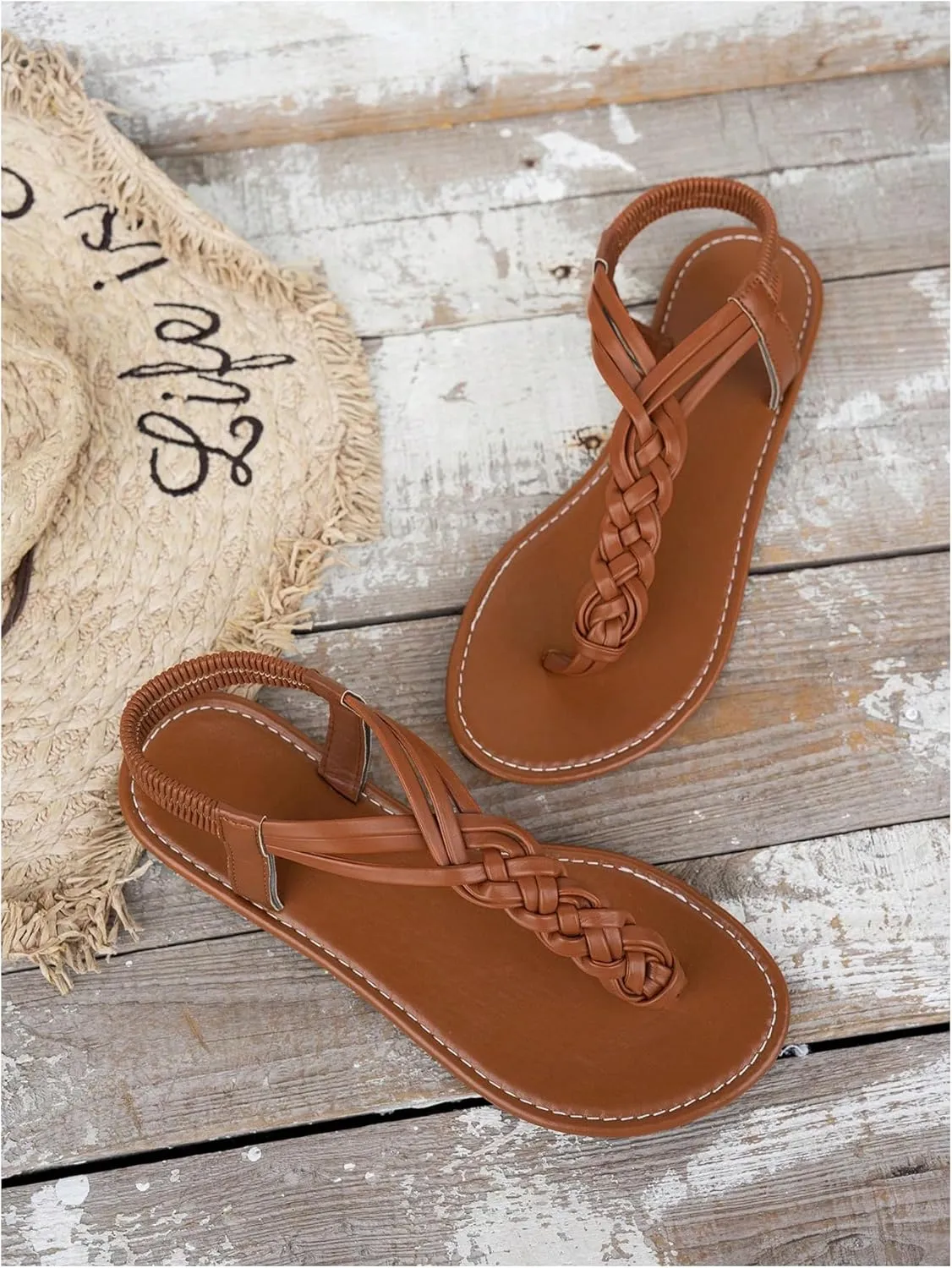 GORGLITTER Women's Braided T Strap Sandals Dressy Summer Ankle Srtap Elastic Beach Thong Sandals