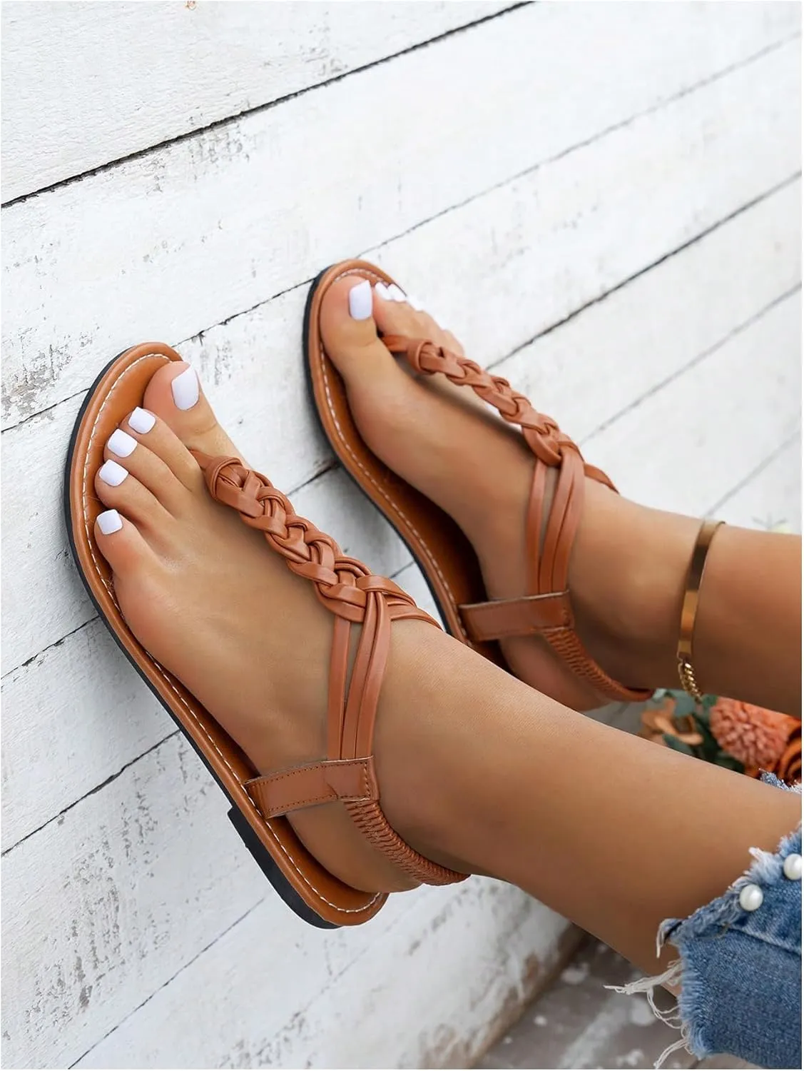 GORGLITTER Women's Braided T Strap Sandals Dressy Summer Ankle Srtap Elastic Beach Thong Sandals
