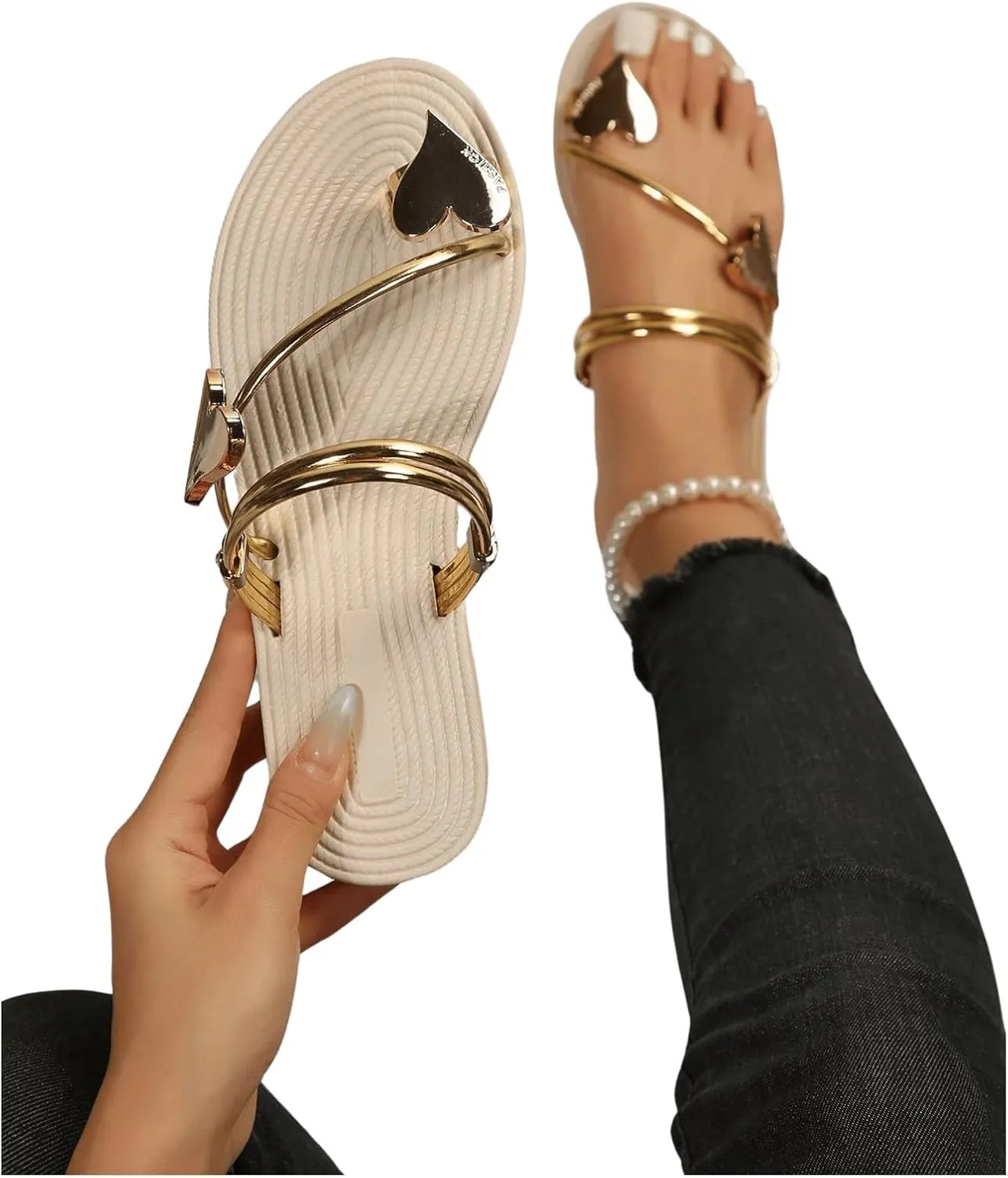 GORGLITTER Women's Butterfly Metallic Sandals Dressy Sparkly Rhinestone Strappy Toe Ring Slide Flats Sandal
