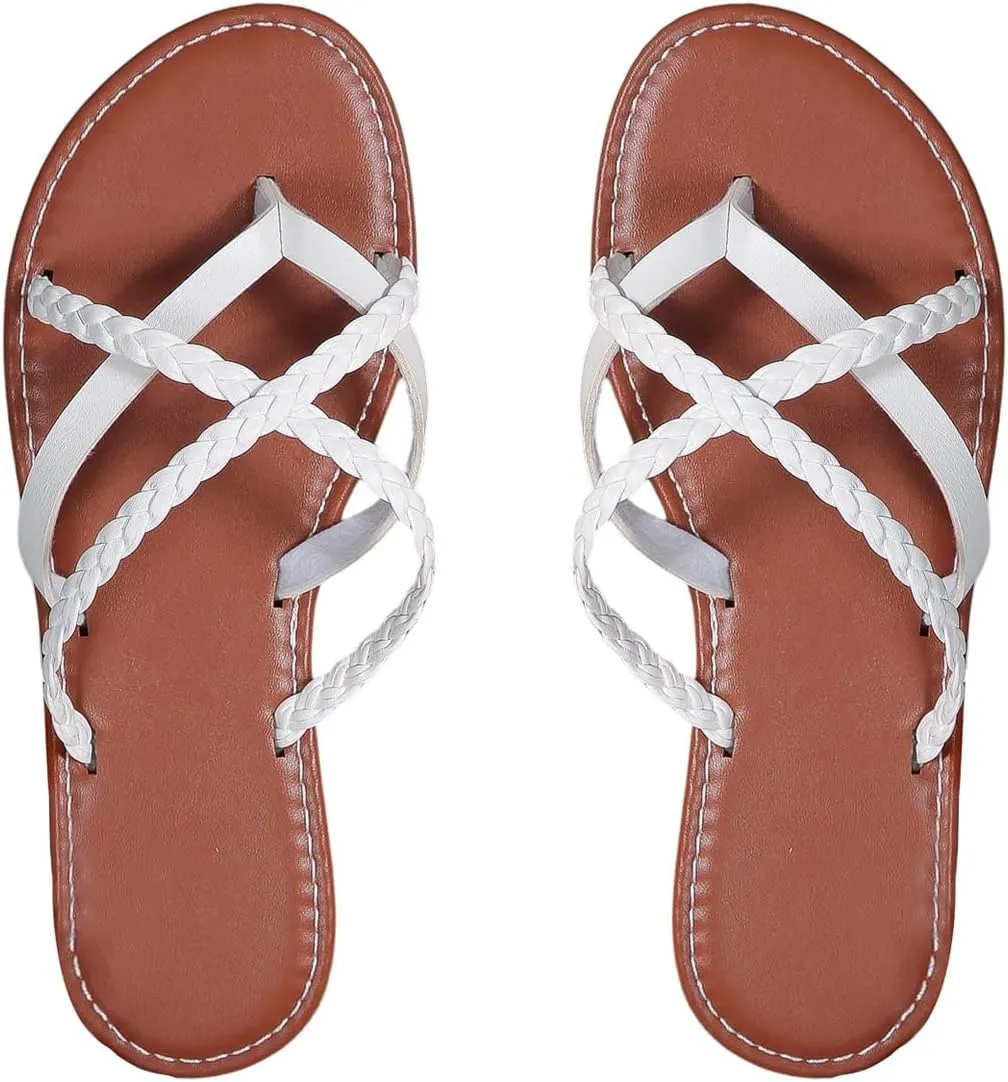 GORGLITTER Women's Leather Flip Flops Braided Sandals Summer Beach Vacation Open Toe Thong Slip on Slides