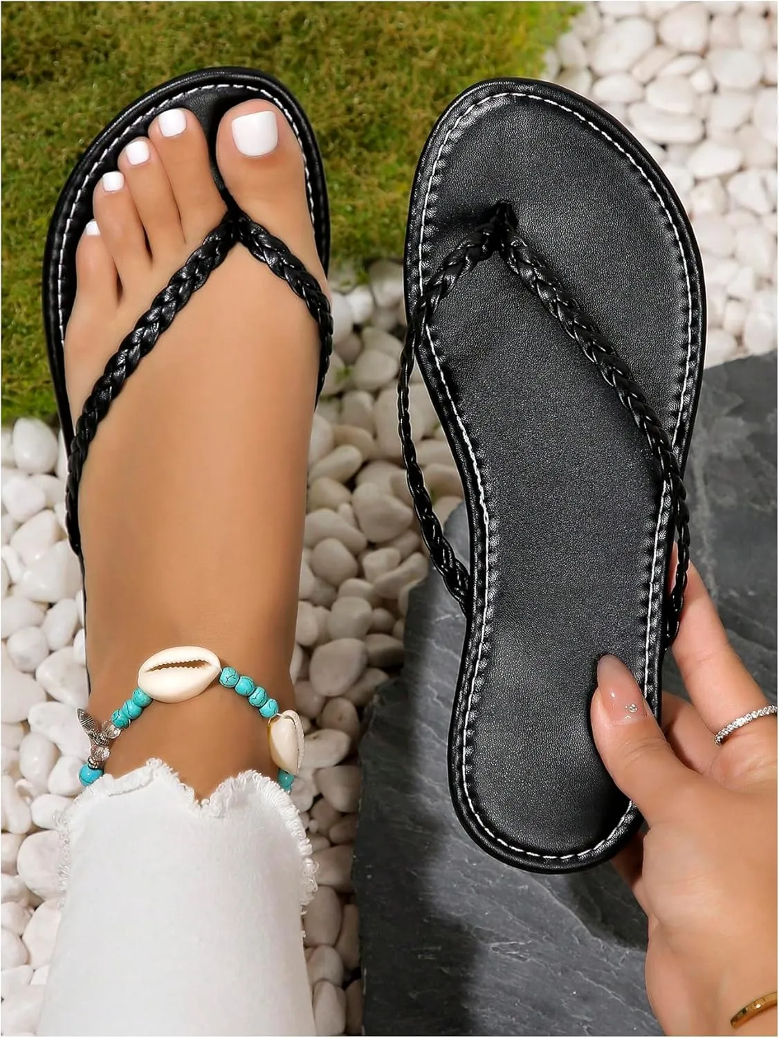 GORGLITTER Women's Leather Flip Flops Braided Sandals Summer Beach Vacation Open Toe Thong Slip on Slides