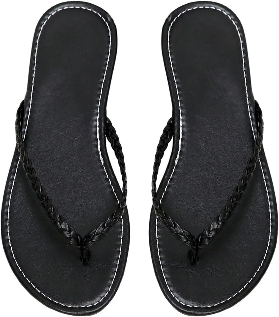 GORGLITTER Women's Leather Flip Flops Braided Sandals Summer Beach Vacation Open Toe Thong Slip on Slides