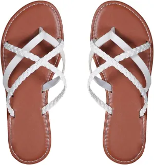 GORGLITTER Women's Leather Flip Flops Braided Sandals Summer Beach Vacation Open Toe Thong Slip on Slides