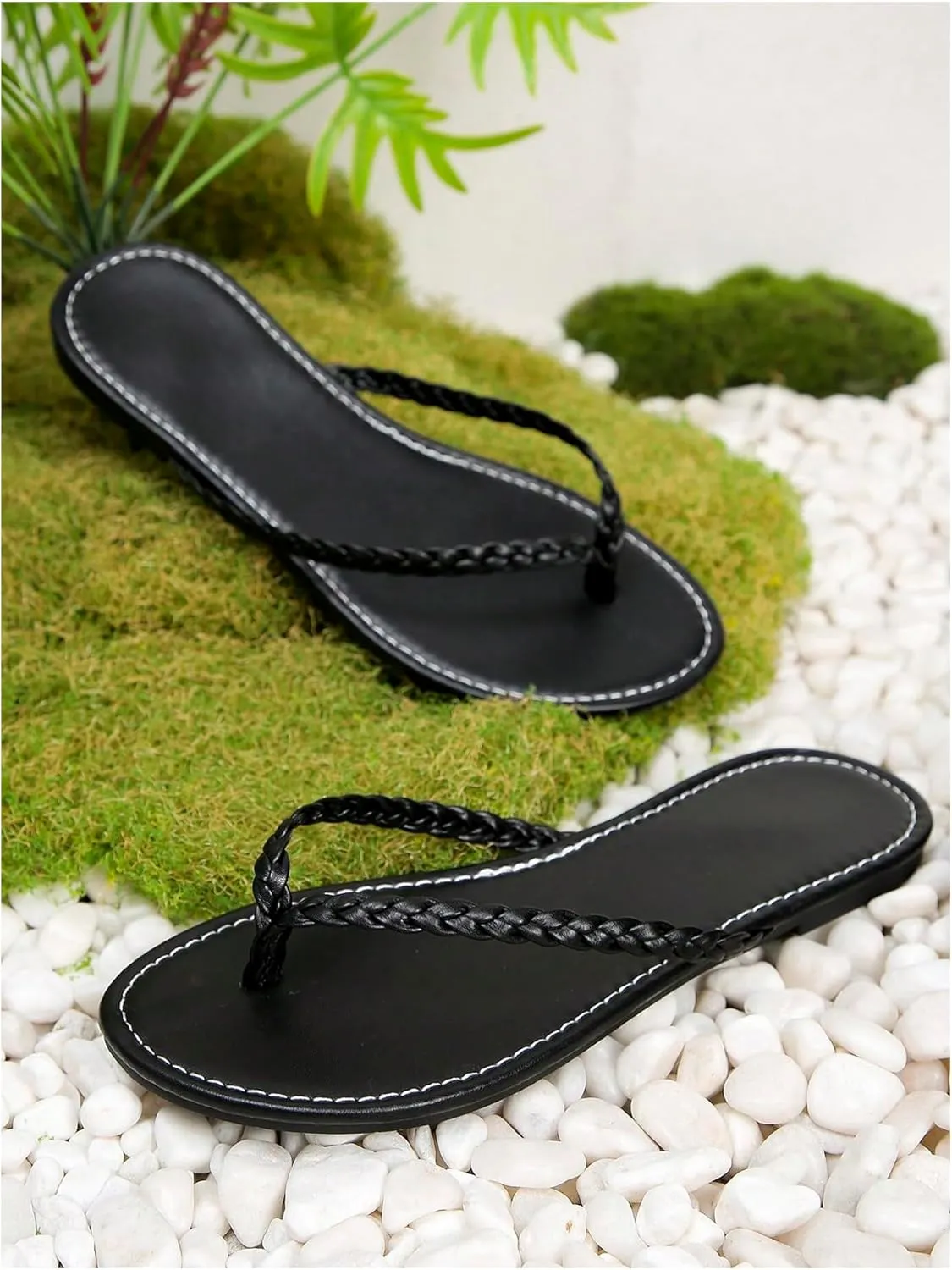 GORGLITTER Women's Leather Flip Flops Braided Sandals Summer Beach Vacation Open Toe Thong Slip on Slides