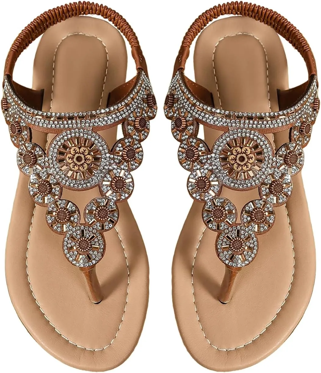 GORGLITTER Women's Rhinestone Boho Summer Sandals Glitter T-strap Flip Flops Thong Beach Sandals