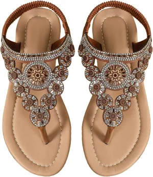 GORGLITTER Women's Rhinestone Boho Summer Sandals Glitter T-strap Flip Flops Thong Beach Sandals