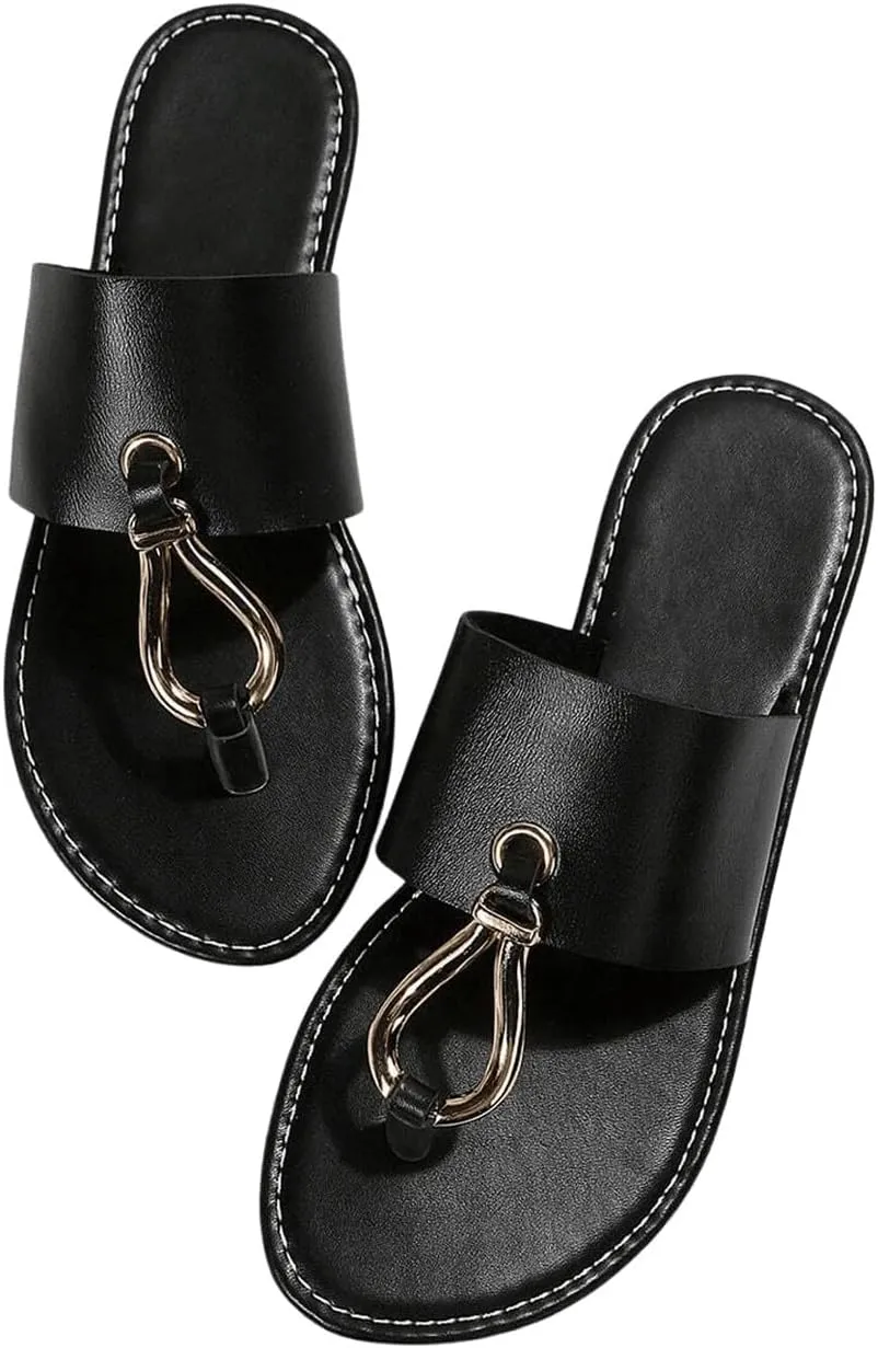 GORGLITTER Women's Ring Thong Flat Sandals Open Toe Flip Flops Leather Slippers Dressy Slides