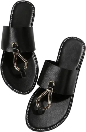 GORGLITTER Women's Ring Thong Flat Sandals Open Toe Flip Flops Leather Slippers Dressy Slides