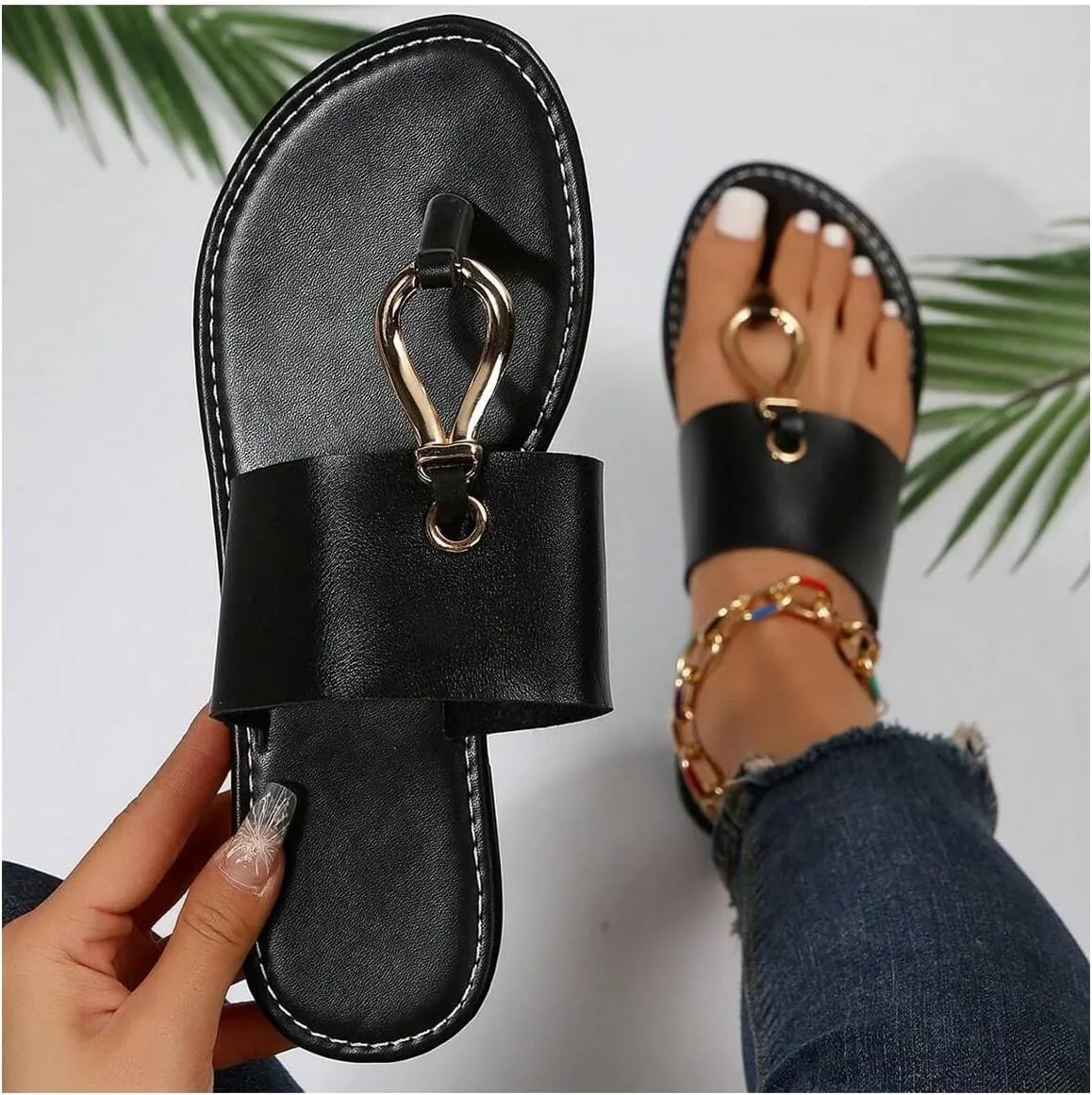 GORGLITTER Women's Ring Thong Flat Sandals Open Toe Flip Flops Leather Slippers Dressy Slides